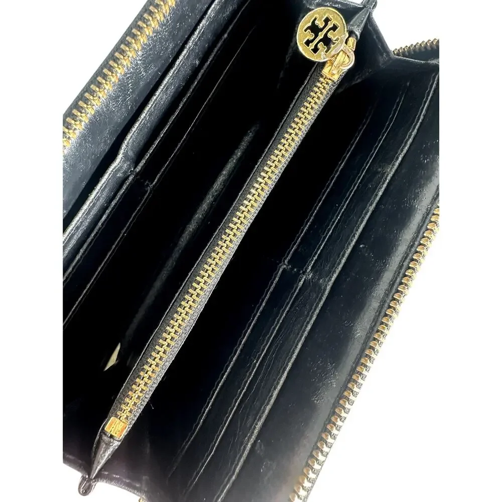 Tory Burch Black Patent Leather Embossed Logo Zip Around Continental Wallet OS